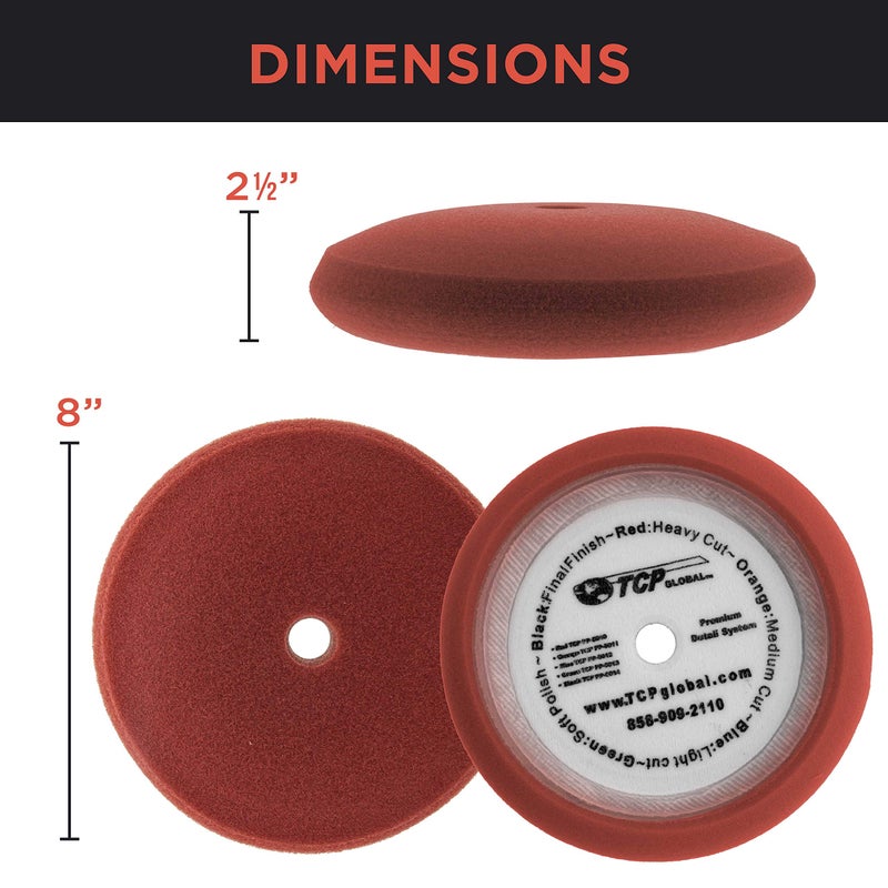 TCP Global 8" Red Foam Buffing Pad Extra Coarse Cutting Polish Hook and Loop Backing - Buffing Pad for Automotive, Marine, Truck, RV & Compound Cutting - Image 3